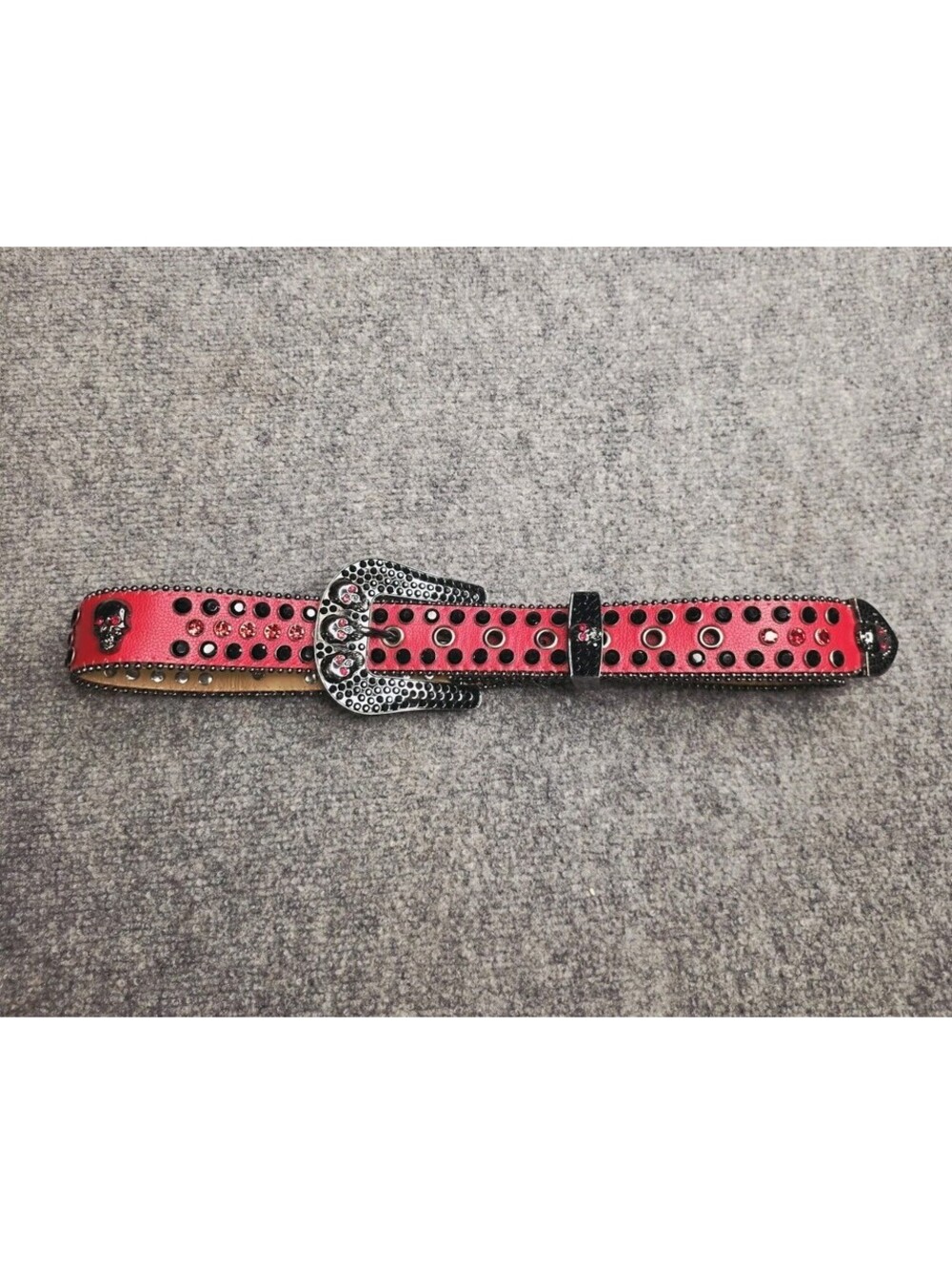 Y2K Red Rhinestone Belt Skull Buckle Bling Studded Western Goth Punk Emo Size 42